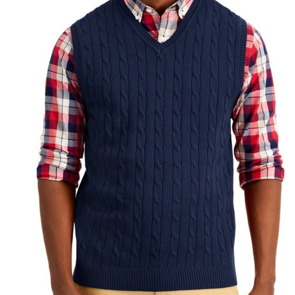Club Room Navy Blue Classic Cable Knit Vest Size L